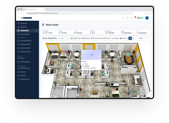 Interactive floor plan showing available desks and rooms
