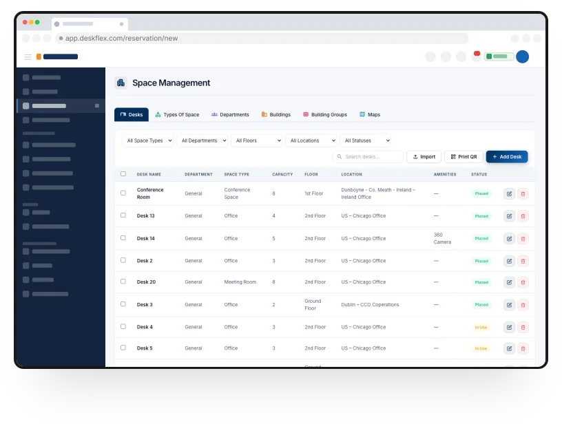 Space management dashboard listing workspaces across offices